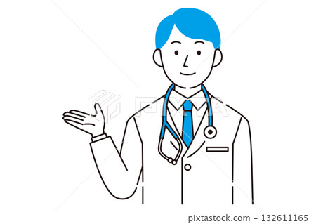 A simple illustration of a young male doctor guiding 132611165