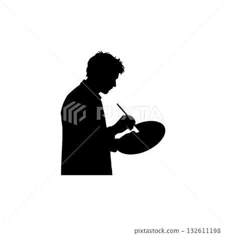 Artist painting with brush and palette silhouette isolated on white background Artist painting with brush and palette silhouette isolated on white background 132611198