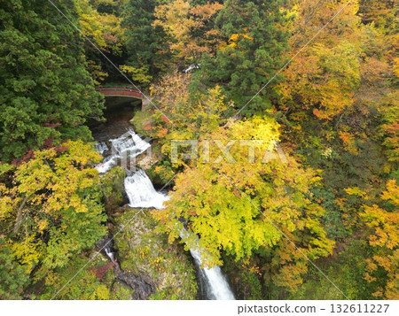 Aerial view of the stream at Ginzan Onsen with autumn leaves Aerial view of the stream at Ginzan Onsen with autumn leaves 132611227