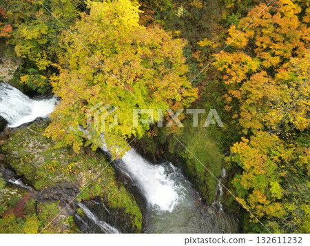 Aerial view of the stream at Ginzan Onsen with autumn leaves Aerial view of the stream at Ginzan Onsen with autumn leaves 132611232