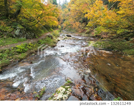 Aerial view of the stream at Ginzan Onsen with autumn leaves 132611249
