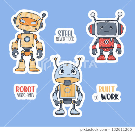 Futuristic Cute Cartoon Robot Sticker Set. Funny isolated Technology Assistant Characters  with cool slogan. Vector illustration. Avatar mascot. Not AI. Kids collection 132611260