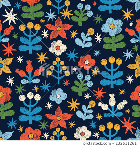 Crayon Floral Seamless Pattern. Bright Chalk Flowers, Berries and Branches on Black Background. Folk Art Ornament handmade. Textured Hand-Drawn Doodle. Square Vector illustration. Not AI 132611261