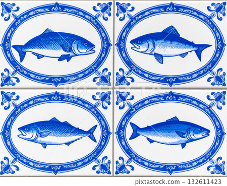 Seamless pattern. Texture of ceramic tile with pattern of fish in blue tones. Design mockup for bathroom interior. Decoration background. Seamless pattern. Texture of ceramic tile with pattern of fish in blue tones. Design mockup for bathroom interior. Decoration background. 132611423