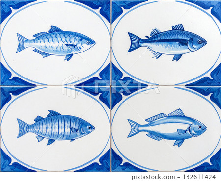 Ceramic tiles Texture of ceramic tile with pattern of fish in blue tones. Design mockup for bathroom interior. Decoration background. 132611424