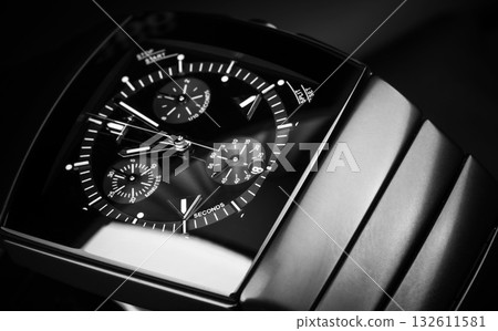 A detailed close-up of a luxury chronograph wristwatch, A detailed close-up of a luxury chronograph wristwatch, 132611581