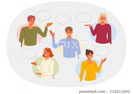 People are happy to communicate and share information while standing under conversation clouds People are happy to communicate and share information while standing under conversation clouds 132611693