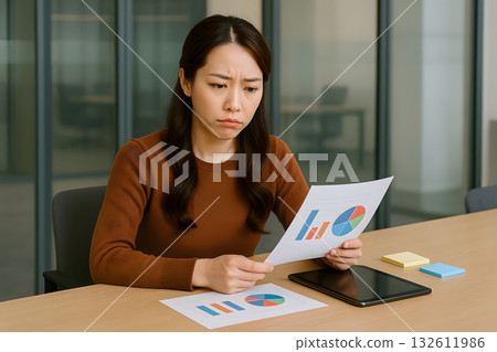 The irritated expression of a Japanese female marketing and PR representative 132611986