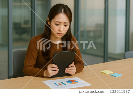 A Japanese female marketing and public relations representative with an anxious expression 132611987