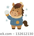 身著冬裝的卡通馬抱著雪球 132612130