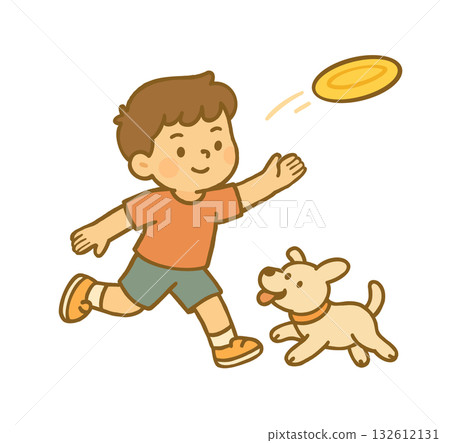 男孩和狗玩飛盤的插圖 男孩和狗玩飛盤的插圖 132612131