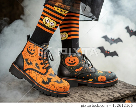 Halloween Boots with Pumpkins Bats and Striped Socks 132612166