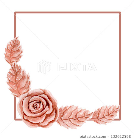 Square card with composition of plastic or metal rose head and leaves. Watercolor illustrations isolated on white background. For design, card, flyers 132612598
