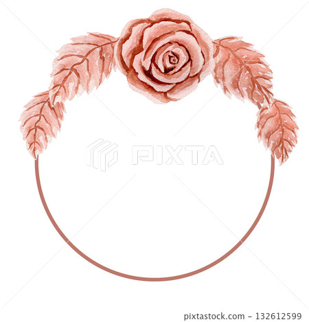 Card with composition of plastic or metal rose head and two leaves and circle. Watercolor illustrations isolated on white background 132612599