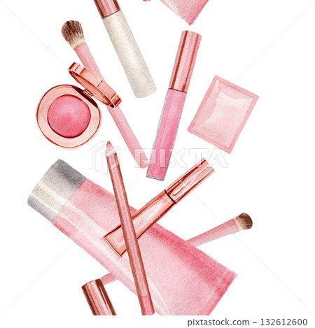 Vertical seamless border with eye shadow, lip gloss, lip stick, lip liner, cream. Watercolor illustration on white background. For wrapper, textile Vertical seamless border with eye shadow, lip gloss, lip stick, lip liner, cream. Watercolor illustration on white background. For wrapper, textile 132612600