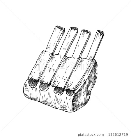 Vector Meat on the ribs. Graphic ink pork or beef illustration, isolated on background. Hand drawn line sketch. For designers, prints, logo, icon, menu, postcards, holiday, covers 132612719