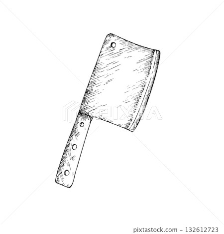 Vector Butcher knife. Graphic ink kitchen tool, Large sharp cleaver illustration, isolated on background. Hand drawn line sketch. For designers, prints, logo, icon, menu, postcards, holiday, covers Vector Butcher knife. Graphic ink kitchen tool, Large sharp cleaver illustration, isolated on background. Hand drawn line sketch. For designers, prints, logo, icon, menu, postcards, holiday, covers 132612723