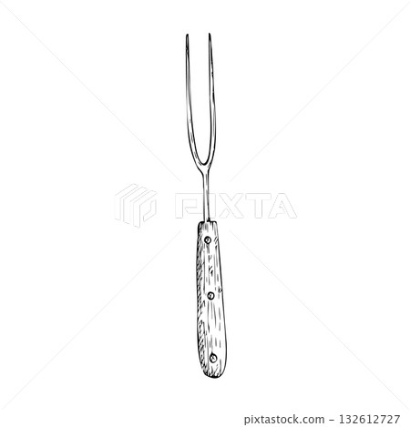 Vector Meat fork. Graphic ink kitchen tool illustration for barbecue, isolated on background. Hand drawn line sketch. For designers, prints, logo, icon, menu, postcards, holiday, covers 132612727