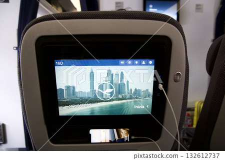 Frankfurt, Germany, June 10, 2019: Inflight Entertainment Screen on Lufthansa Long-Haul Flight to Dubai 132612737