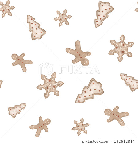 Hand-drawn seamless pattern with Christmas illustration gingerbread man and cookies in the shape of a snowflake and tree. New year repeat print for design textile or wrapping paper with cookies. Hand-drawn seamless pattern with Christmas illustration gingerbread man and cookies in the shape of a snowflake and tree. New year repeat print for design textile or wrapping paper with cookies. 132612814