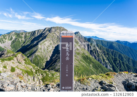 The summit of Nishinotori-dake. Climbing Mt. Aino-dake and Mt. Notori-dake in the Southern Alps' Shiramine Sanzan. The summit of Nishinotori-dake. Climbing Mt. Aino-dake and Mt. Notori-dake in the Southern Alps' Shiramine Sanzan. 132612903