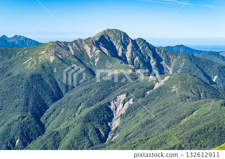 從西之取岳頂峰眺望汐見岳和淺潮嶺。攀登南阿爾卑斯山白峰三山的愛野岳和西之取岳。 132612911