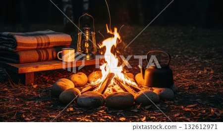 A quiet night around a campfire and the warmth of a lantern (AI-generated image) 132612971