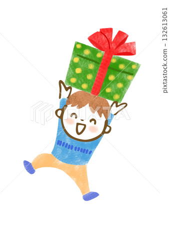 手繪插圖,描繪了一個男孩抱著一份大大的聖誕禮物。 手繪插圖,描繪了一個男孩抱著一份大大的聖誕禮物。 132613061