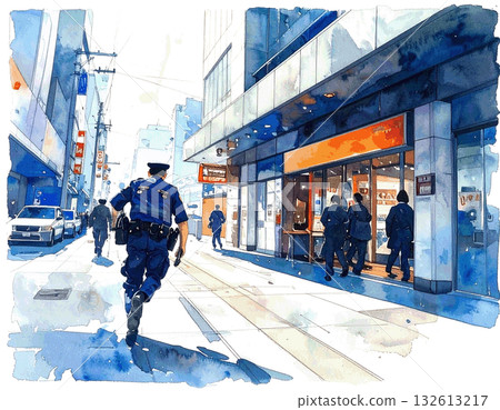 一幅水彩畫，描繪了一名警察在城市巡邏。 132613217