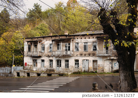 A run down building with a tree in front of it 132613237