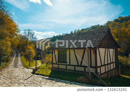 A small house with a slanted roof sits on a dirt road 132613291