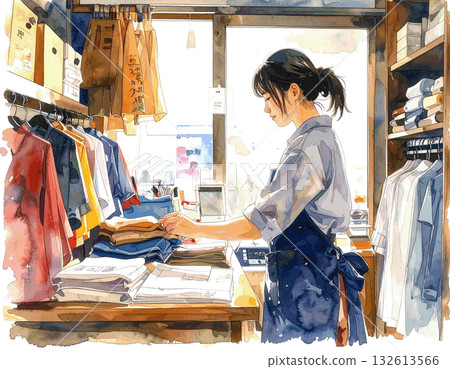 水彩畫，畫的是一位在商店當售貨員的女性 132613566