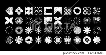 Brutalist geometric shapes, modern grunge symbols. Simple primitive elements and forms, distressed details. Retro design, aged, vintage, trendy contemporary minimalist style, y2k. Vector illustration 132613686
