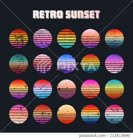Grunge vintage colorful sunset. Striped gradient sunrise badges in 80s and 90s style. Sun and ocean view, summer vibes, surfing. Design element for print, logo or t-shirt. Vector illustration 132613690