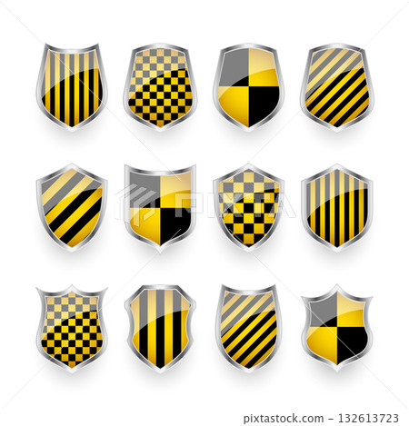 Glossy shields with yellow and black pattern. Security and protection concept. Cyber safety icons, internet privacy, web defense, digital data protection and antivirus themes. Vector illustration 132613723