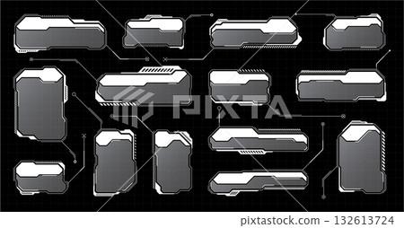 White futuristic HUD, UI elements. Sci-fi user interface text boxes, callouts. Warning message frames, information boxes template. Modern game interface layout in digital style. Vector illustration White futuristic HUD, UI elements. Sci-fi user interface text boxes, callouts. Warning message frames, information boxes template. Modern game interface layout in digital style. Vector illustration 132613724