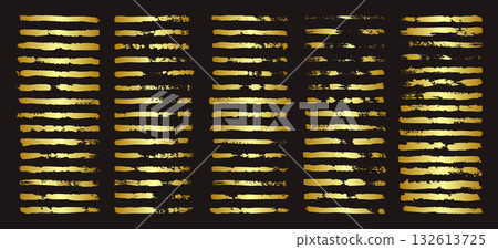 Golden brush strokes, lines, ink smudges, hand-drawn scribble shapes. Handmade sketchy marks, acrylic stains, charcoal streaks. Paint textures, dry brush effect. Marker underline. Vector illustration 132613725