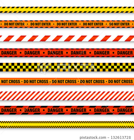Barricade construction tape. Colorful police warning line, brightly colored danger or hazard stripe, ribbon. Restricted area, zone. Attention symbol. Vector illustration 132613728