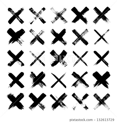 Grunge crosses, brush strokes, x mark, lines, ink smudges, hand-drawn scribble shapes. Handmade sketchy marks, acrylic stains, charcoal streaks. Paint textures, dry brush effect. Vector illustration 132613729