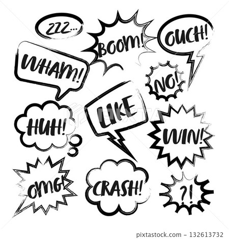 Grunge comic speech bubbles with handwritten text, brush strokes, ink smudges, acrylic stains or charcoal streaks. Hand drawn retro cartoon stickers. Chatting, message box. Vector illustration 132613732