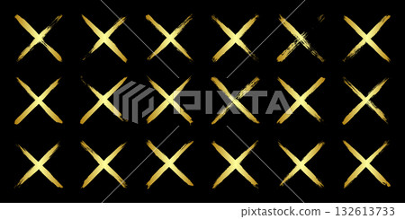 Golden grunge crosses, brush strokes, lines, ink smudges, hand-drawn scribble shapes. Handmade sketchy marks, acrylic stains, charcoal streaks. Paint textures, dry brush effect. Vector illustration 132613733