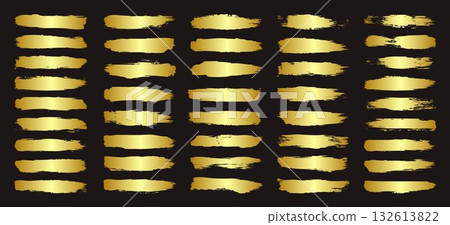 Golden brush strokes, lines, ink smudges, hand-drawn scribble shapes. Handmade sketchy marks, acrylic stains, charcoal streaks. Paint textures, dry brush effect. Marker underline. Vector illustration 132613822