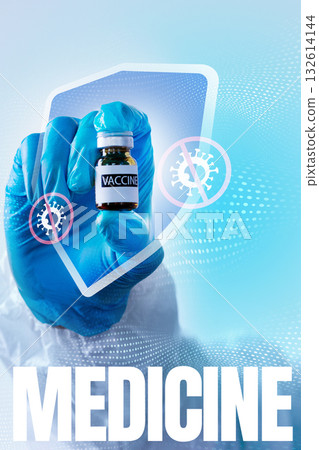 Hand holding a vaccine vial symbolizes protection against illness in modern medicine 132614144