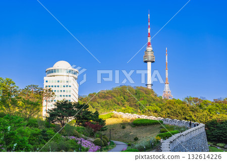 Seoul: N Seoul Tower (Namsan Tower) in the evening glow 132614226