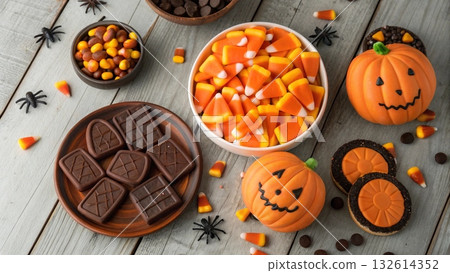 Halloween Candy Corn Pumpkins and Chocolate Cookies on Table Halloween Candy Corn Pumpkins and Chocolate Cookies on Table 132614352