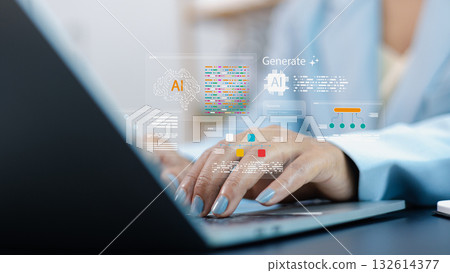 Businesswoman using laptop with AI and machine learning interface for data analysis and digital innovation concept 132614377