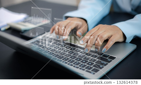 Businesswoman using laptop with virtual data analytics dashboard for business growth and digital technology concept Businesswoman using laptop with virtual data analytics dashboard for business growth and digital technology concept 132614378