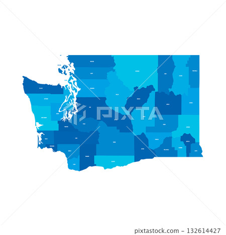 Washington, WA - detailed political map of US state. Administrative map divided into counties. Blue map with county name labels. Vector illustration Washington, WA - detailed political map of US state. Administrative map divided into counties. Blue map with county name labels. Vector illustration 132614427