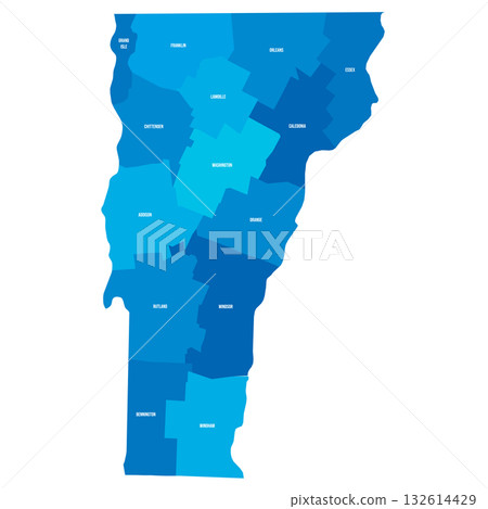 Vermont, VT - detailed political map of US state. Administrative map divided into counties. Blue map with county name labels. Vector illustration Vermont, VT - detailed political map of US state. Administrative map divided into counties. Blue map with county name labels. Vector illustration 132614429