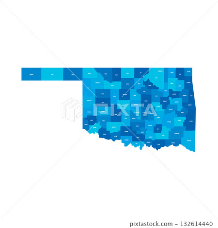Oklahoma, OK - detailed political map of US state. Administrative map divided into counties. Blue map with county name labels. Vector illustration Oklahoma, OK - detailed political map of US state. Administrative map divided into counties. Blue map with county name labels. Vector illustration 132614440